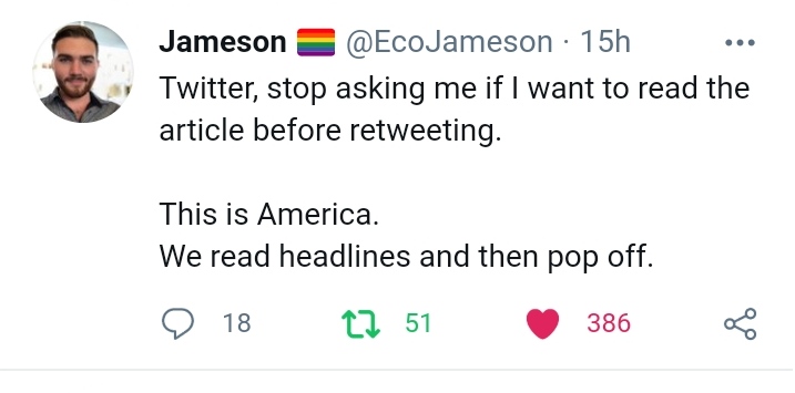 Twitter asks if you want to read the article before retweeting it. And ...