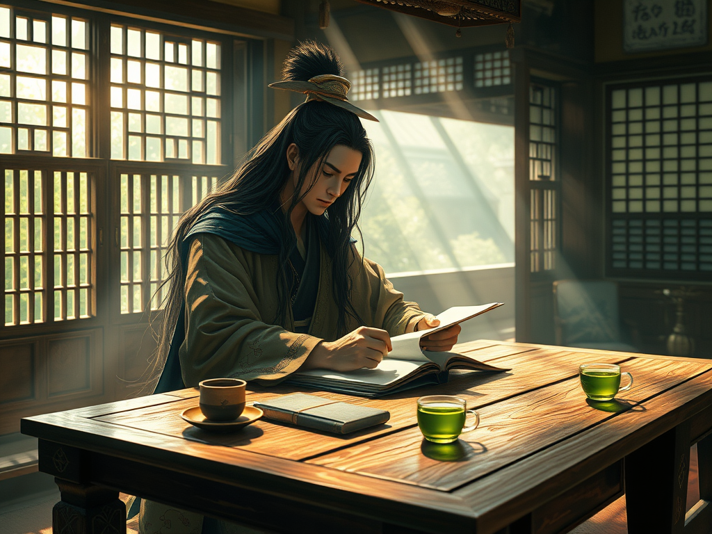 a-samurai-is-sitting-at-a-table-writing-a-book